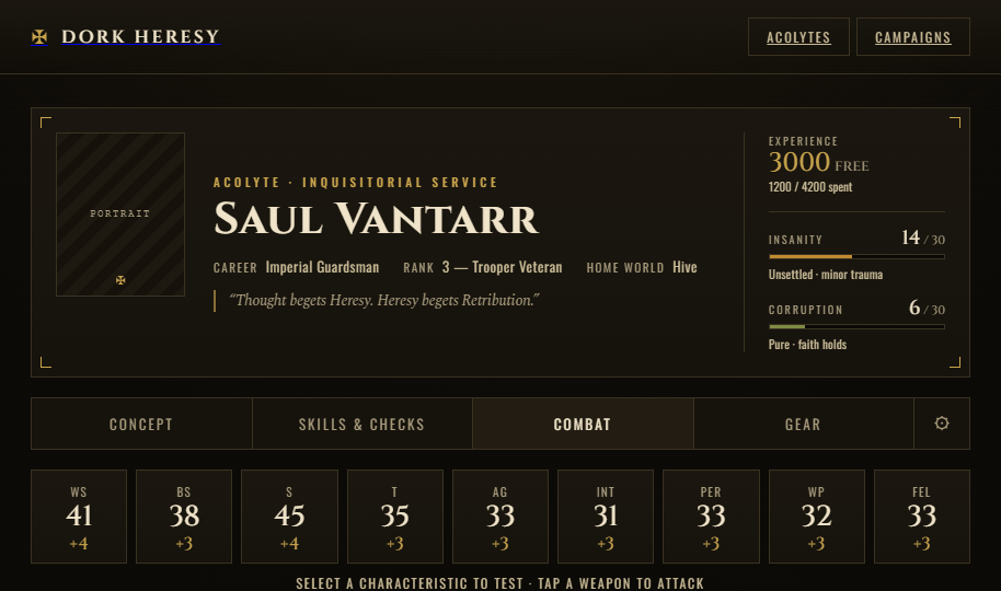 A Dork Heresy combat sheet